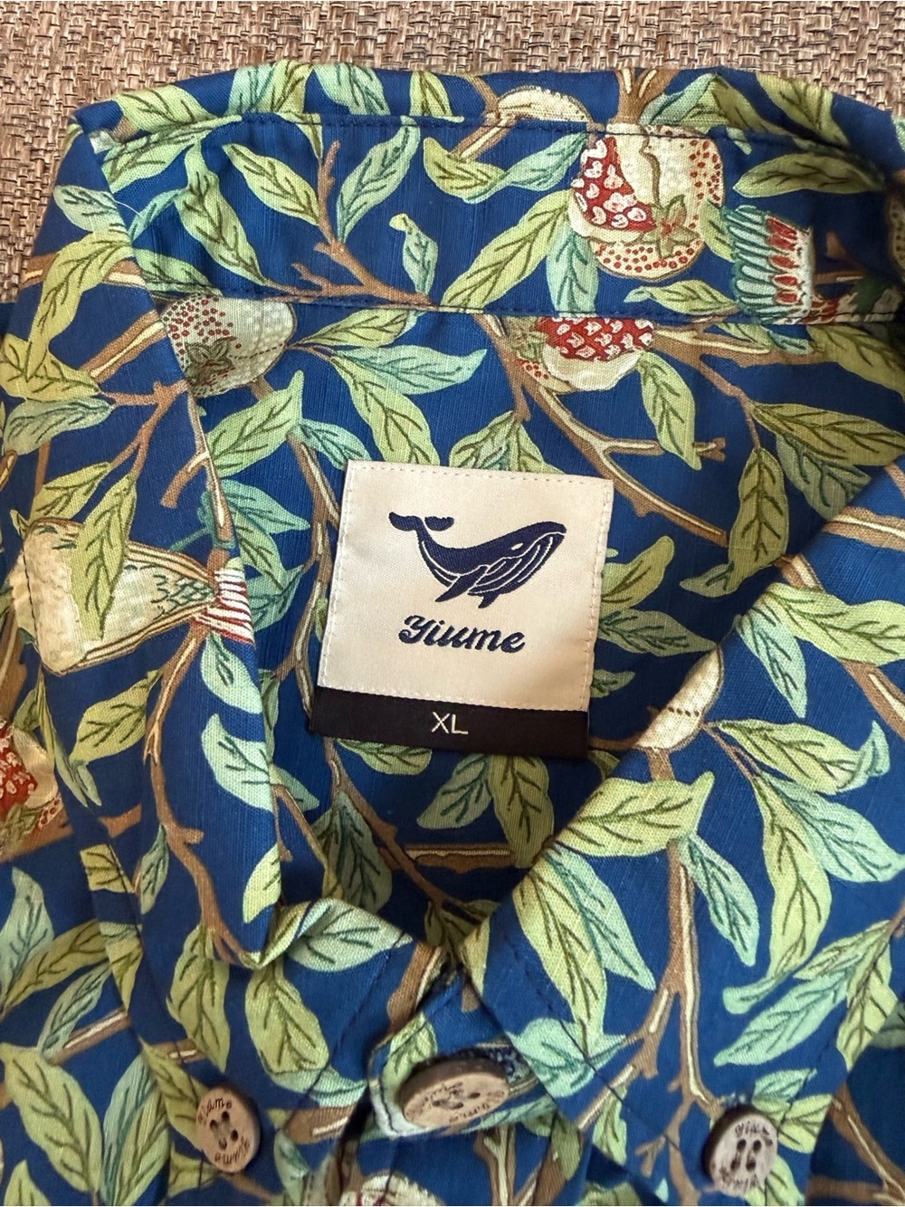 NWOT Yiume Morris Hawaiian Shirt 1960s Retro Shirt Cotton Birds & Pomegranates - Picture 6 of 9